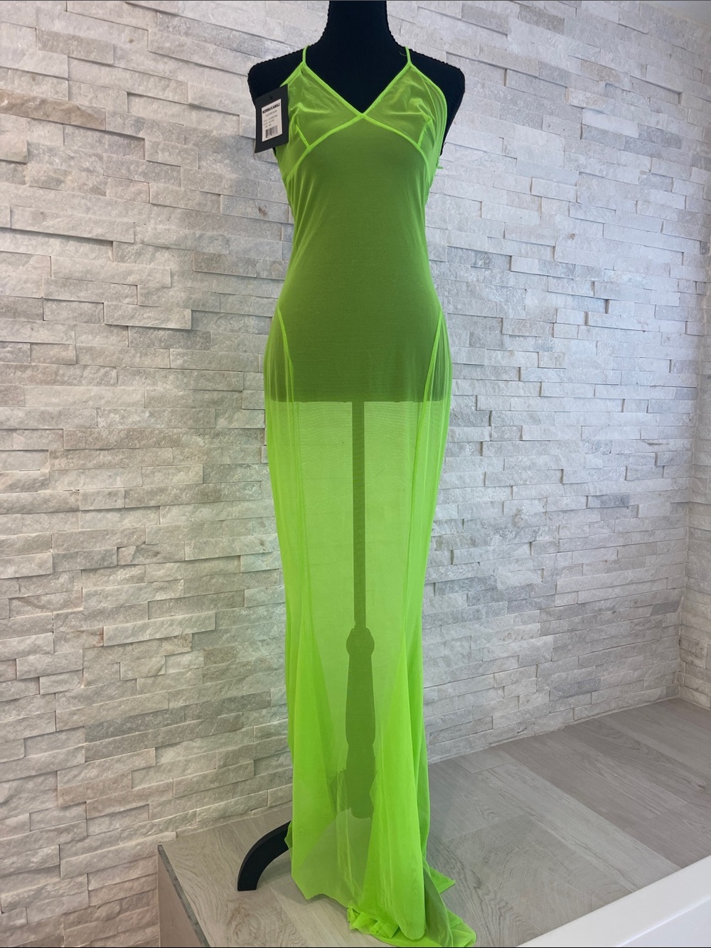 Norma Kamali Neon Green Sheer Slip Maxi Dress